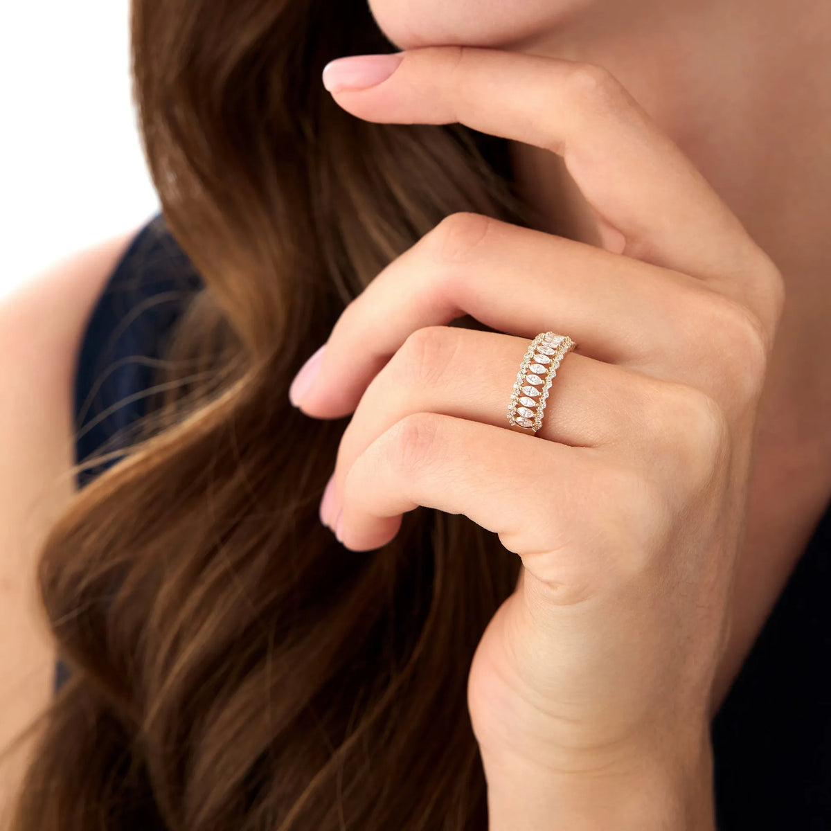 14k Solid Gold Marquise and Round Diamond 0.58 Carat Wide Pave Band Ring