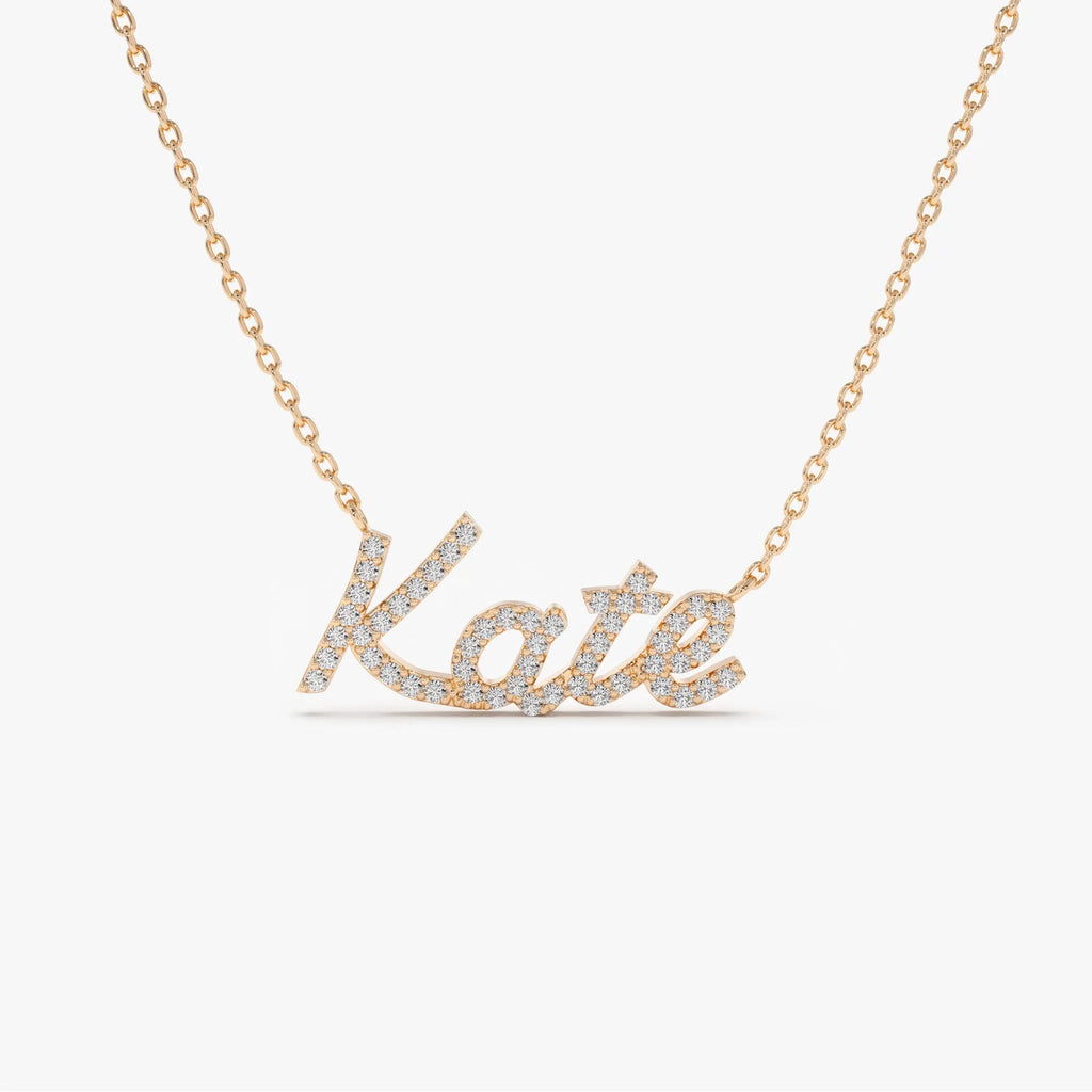 14K Solid Gold Round Diamond Personalized Name Necklace 0.15 CTW Per Letter