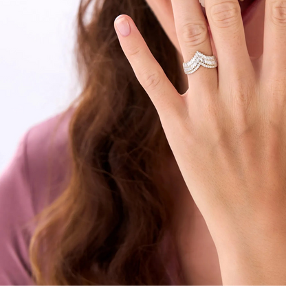 14k Solid Gold Baguette and Round Diamond 0.99 Carat Chevron Statement Ring