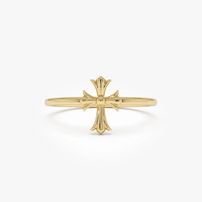 14k Gold Cathedral Cross Ring Wide Band with 9.2mm Motif