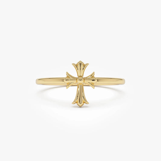 14k Gold Cathedral Cross Ring Wide Band with 9.2mm Motif