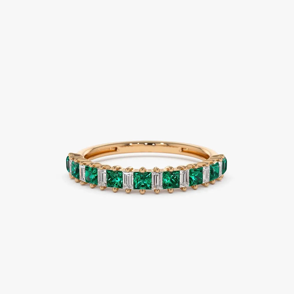 14K Solid Gold Princess Cut Emerald and Baguette Diamond Ring 0.73 CTW Handcrafted Jewelry