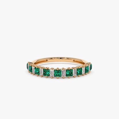 14K Solid Gold Princess Cut Emerald and Baguette Diamond Ring 0.73 CTW Handcrafted Jewelry