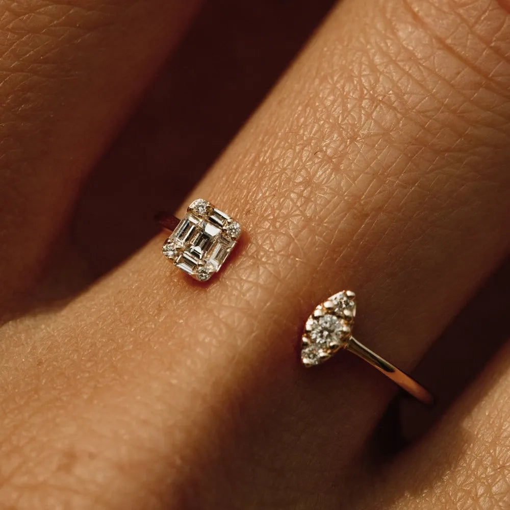 14K Gold 0.15 ctw Diamond Baguette Round and Marquise Open Cuff Ring