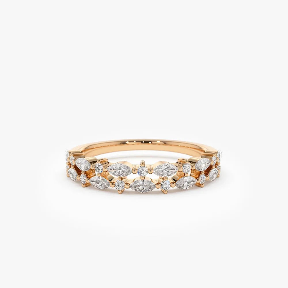 14k Gold Diamond Marquise and Round Double Row Alternating Shared Prong Ring 0.55 Carat