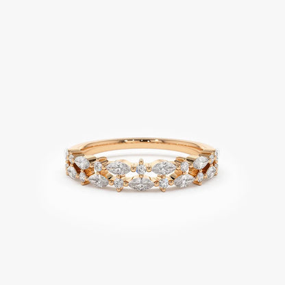 14k Gold Diamond Marquise and Round Double Row Alternating Shared Prong Ring 0.55 Carat