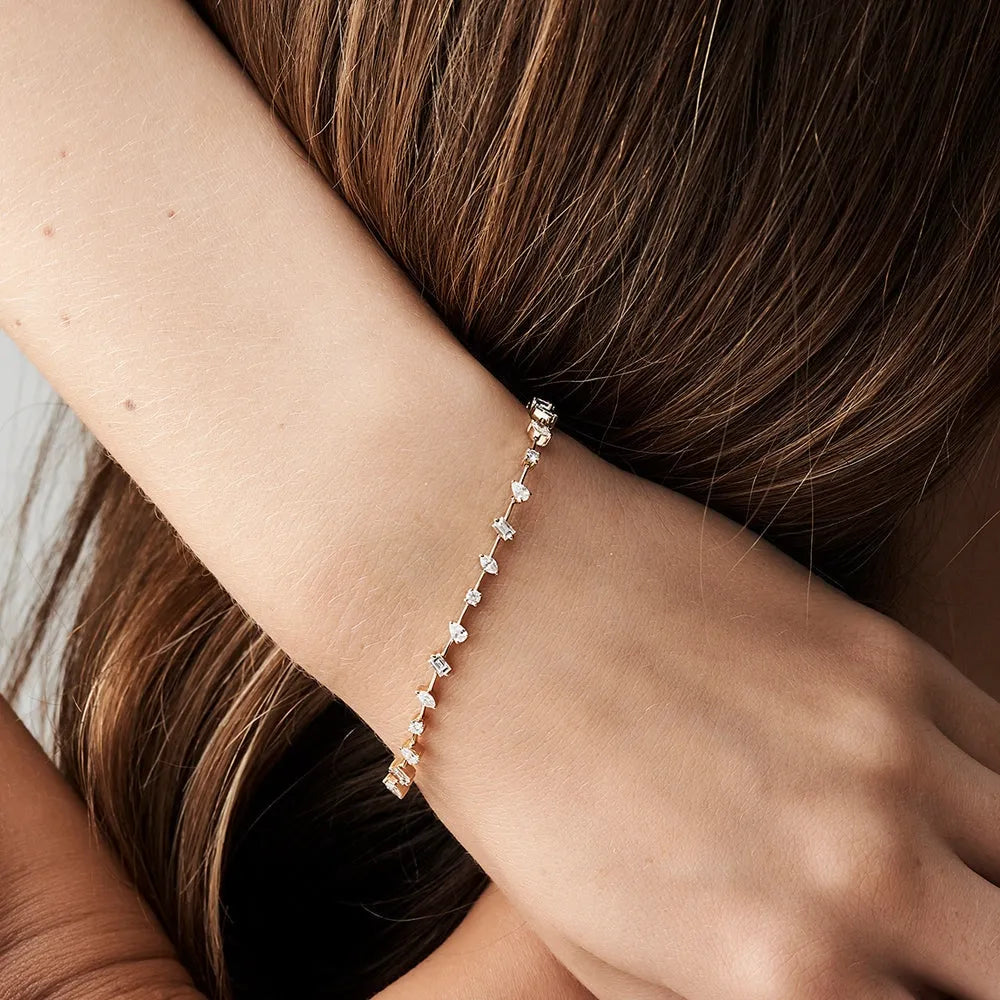14K Solid Gold 1.98 CTW Round Baguette Marquise and Pear Diamond Multi-Shape Slant Bracelet