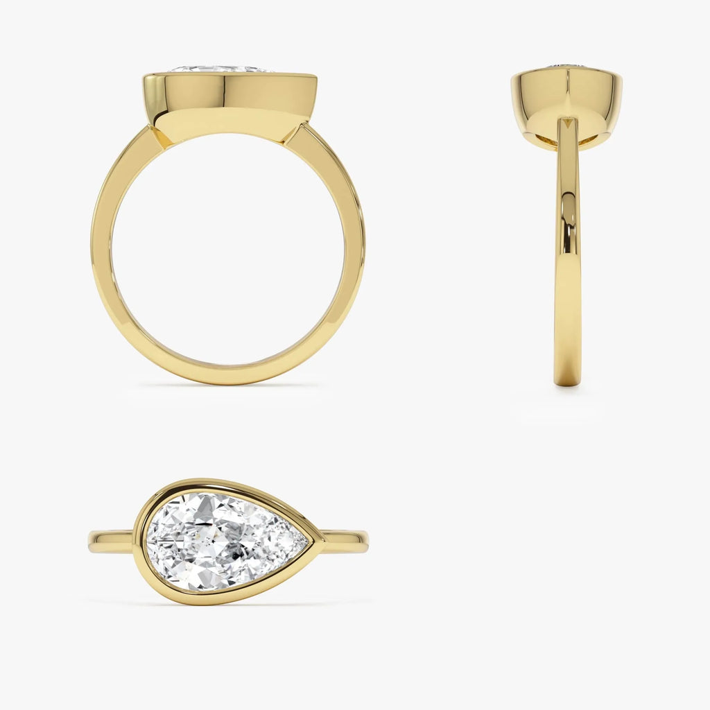 14K Gold 1.50 Carat Lab Grown Diamond Pear Shaped East West Bezel Setting Engagement Ring