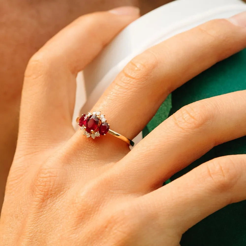 14k Gold Ruby and Diamond Oval Cut Three Stone Cluster Ring 1.39 ctw
