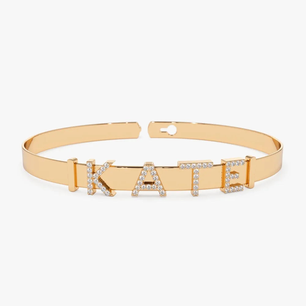 14K Solid Gold Round Diamond Sliding Initial Bangle