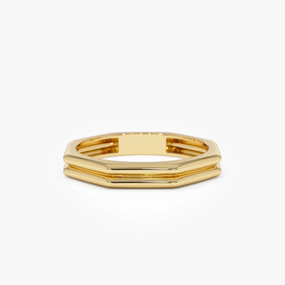 14k Gold Octagon Double Band Ring Wide Geometric Style