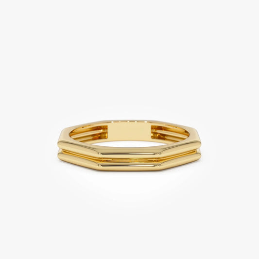 14k Gold Octagon Double Band Ring Wide Geometric Style