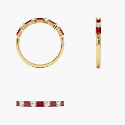 14k Gold Ruby and Diamond Baguette and Round Cut Prong Setting Ring 0.54 ctw