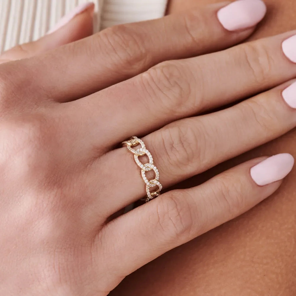 14k Gold Round Diamond Curb Link Pave Ring 0.28 Carat