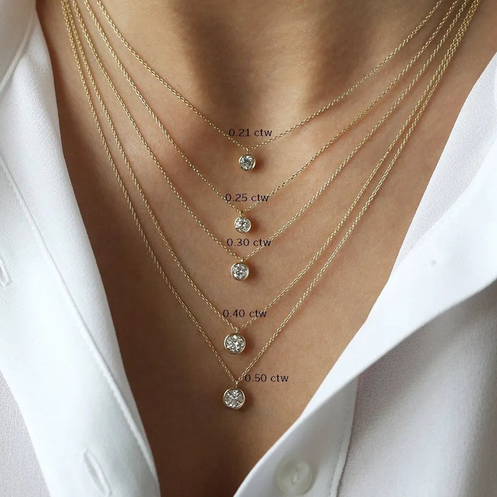 14K Solid Gold Round Diamond Solitaire Pendant Necklace Bezel Set 0.50ctw