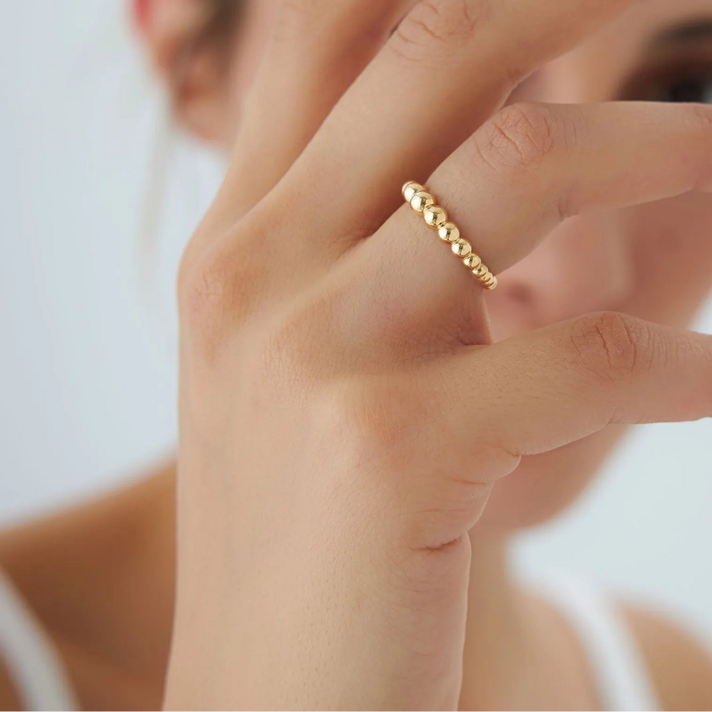 14k Solid Gold Beaded Graduated Band Ring 4mm Width