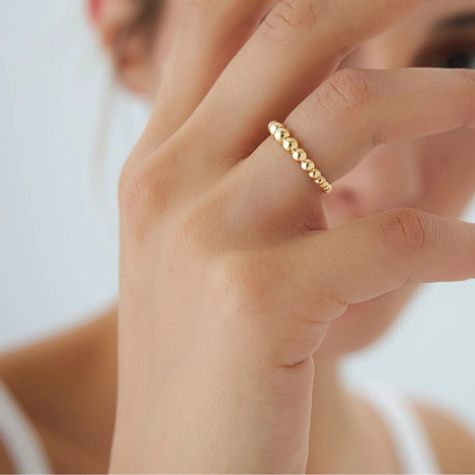 14k Solid Gold Beaded Graduated Band Ring 4mm Width