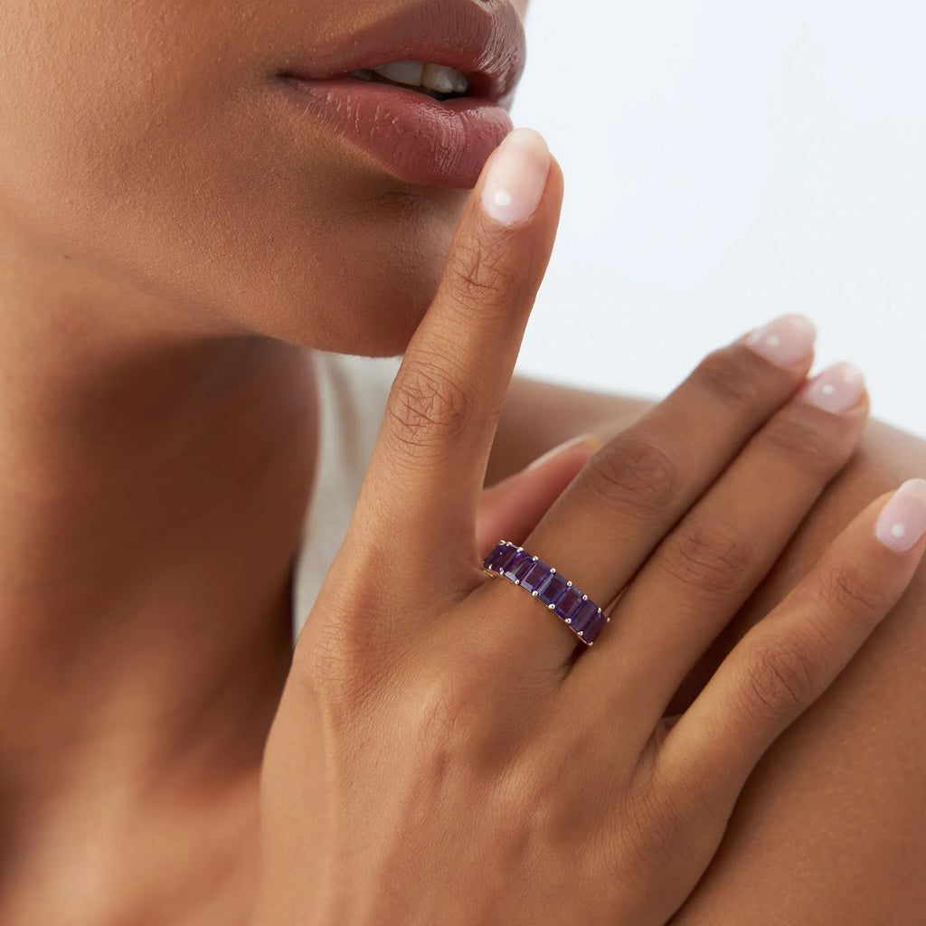14K Solid Gold Emerald Cut Amethyst 2.55 Carat Nine Stone Ring
