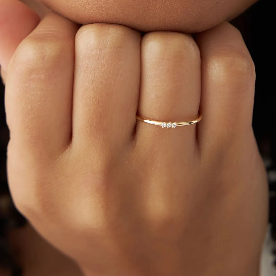 14K Gold Round Diamond 3 Stone Minimalist Ring 0.05 Ctw