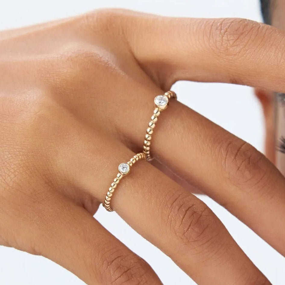 14K Gold Round Diamond 0.05 ctw Beaded Bezel Solitaire Ring