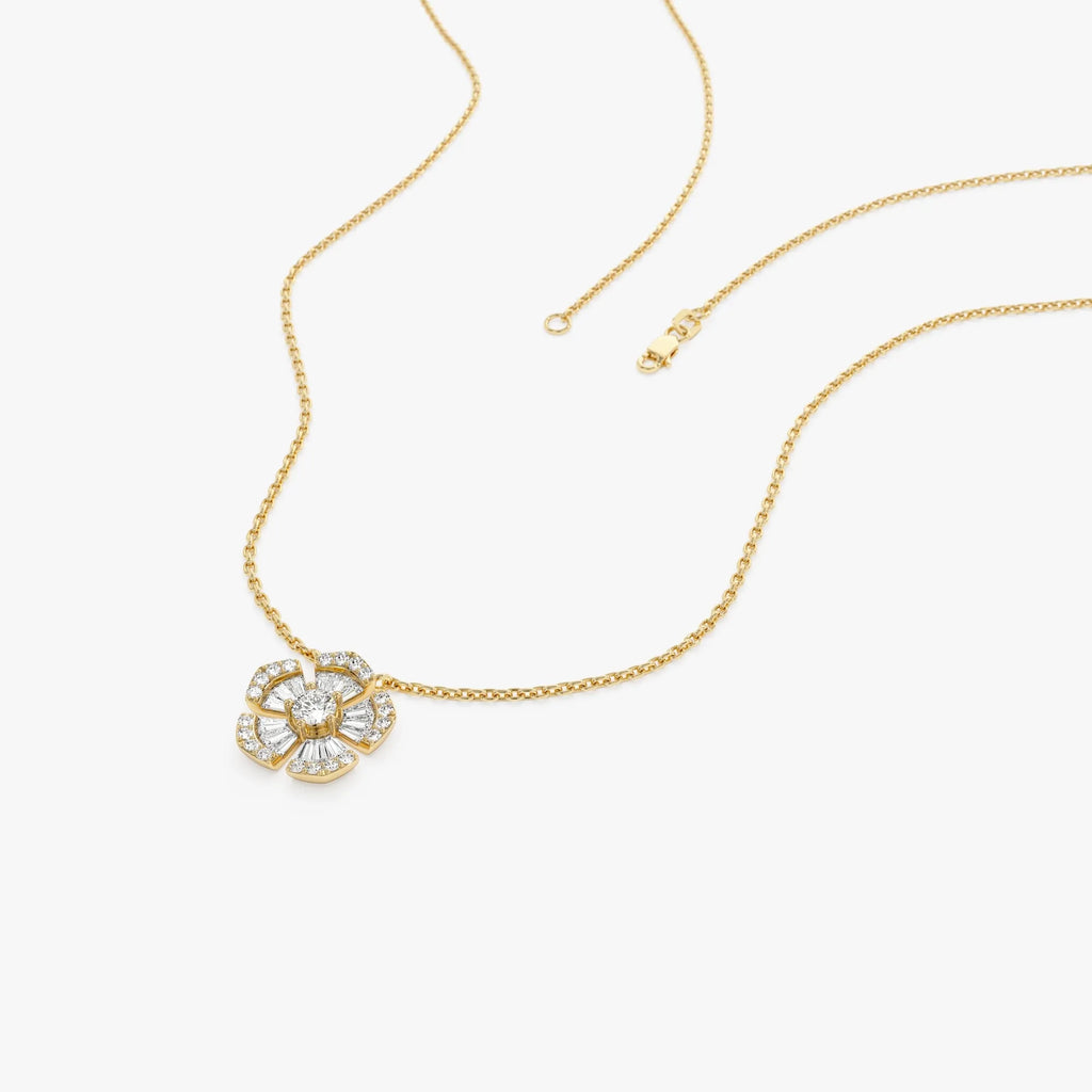 14K Solid Gold 0.40 CTW Baguette and Round Diamond Flower Necklace