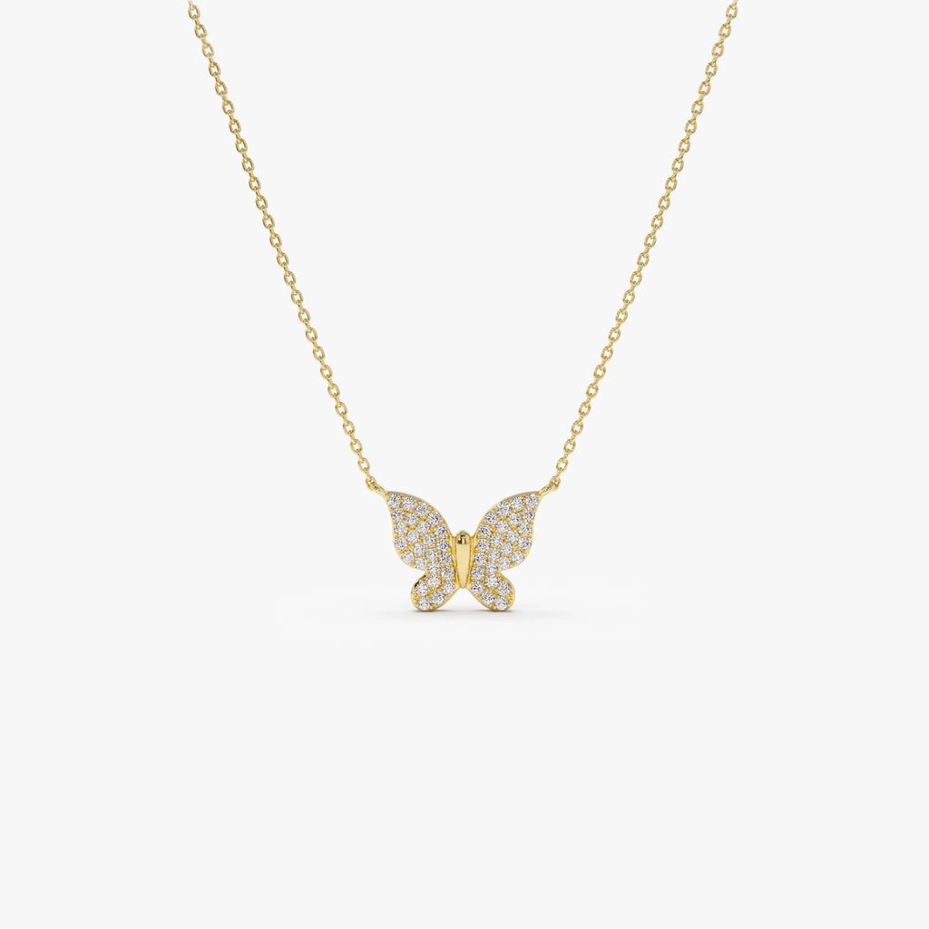 14K Solid Gold Round Diamond Pave Butterfly Pendant Necklace 0.29ctw