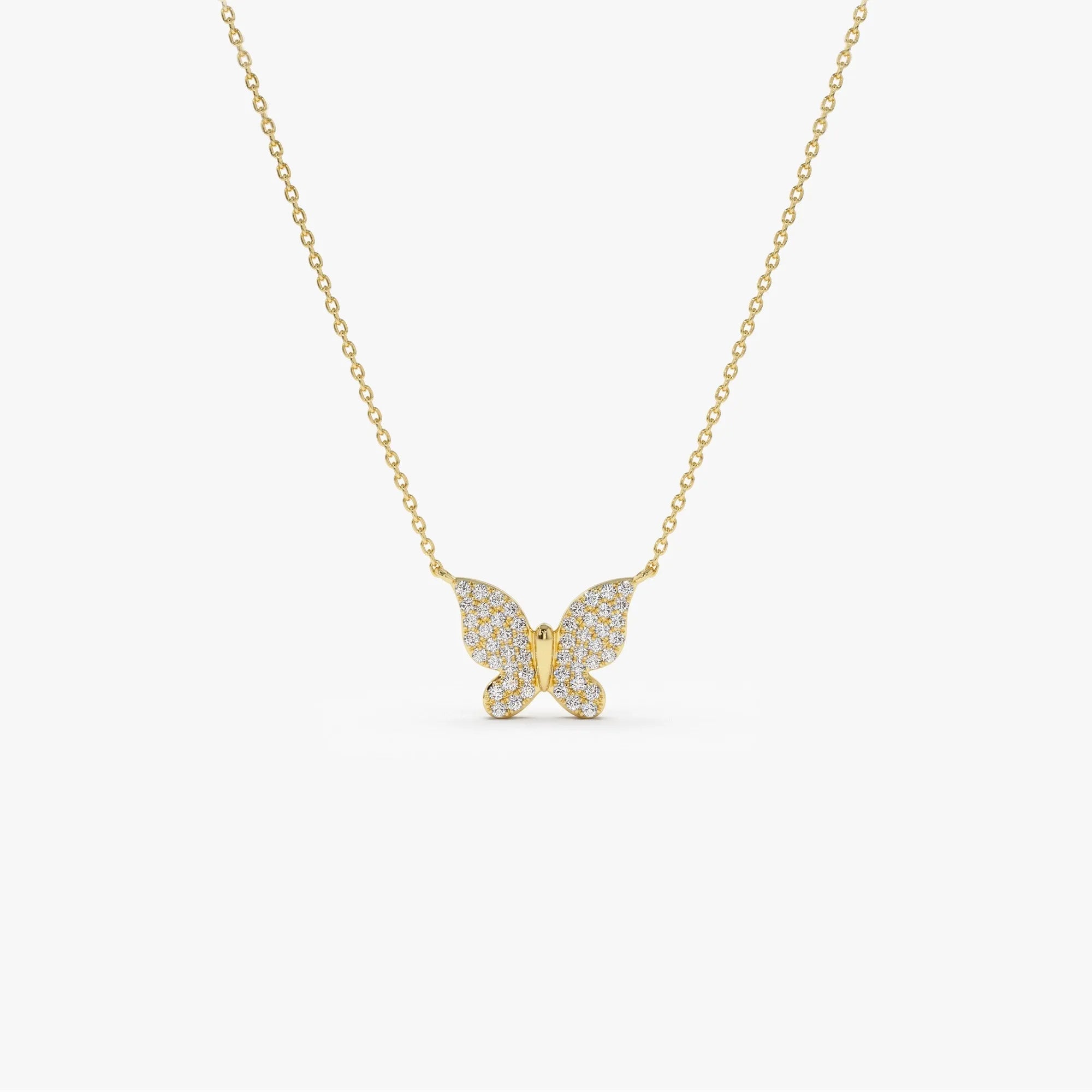 14K Solid Gold Round Diamond Pave Butterfly Pendant Necklace 0.29ctw