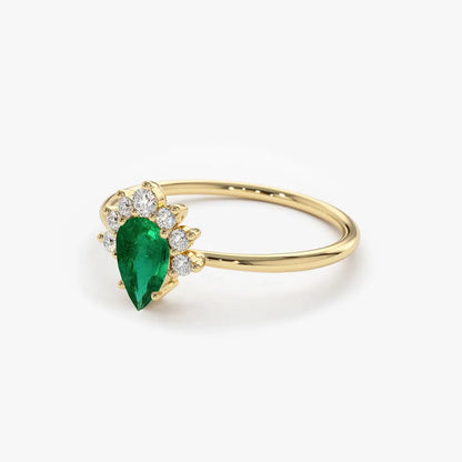 14K Solid Gold Pear Shape Emerald and Round Diamond Half Halo Engagement Ring 0.43 CTW