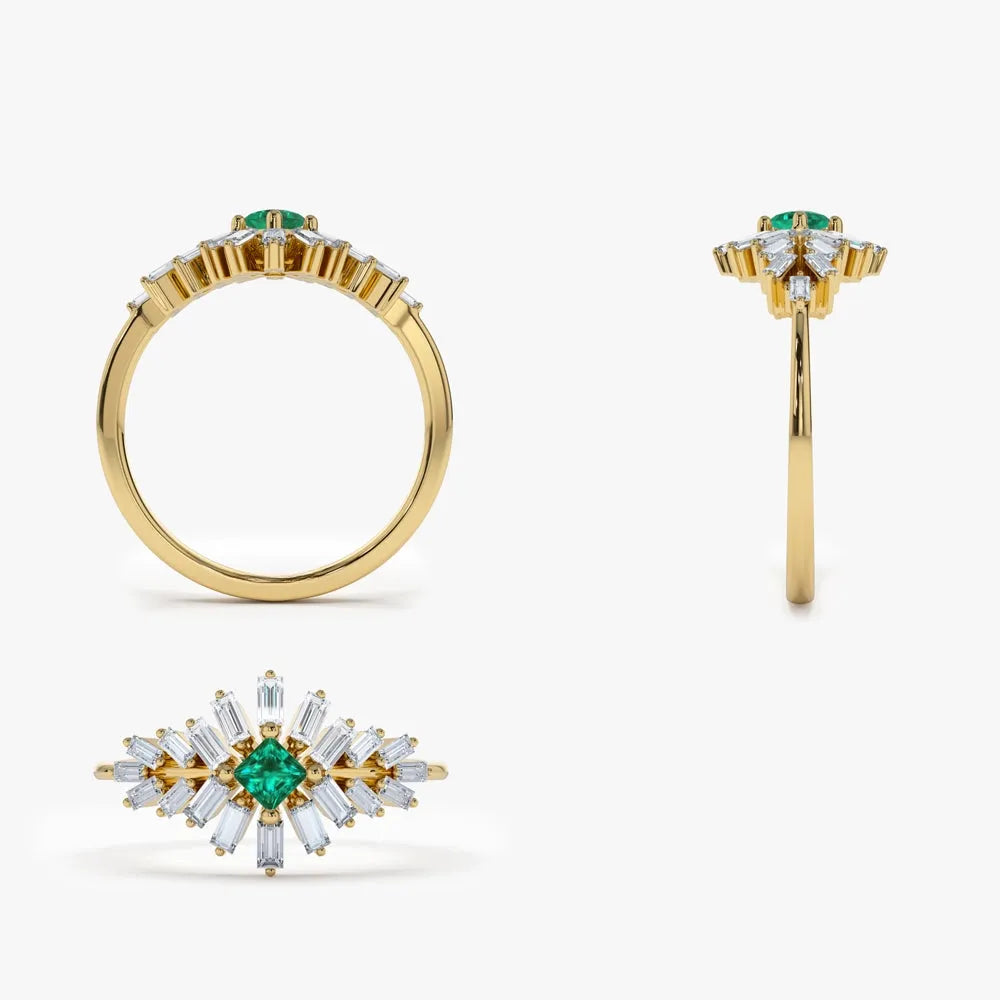 14K Gold Square Emerald and Baguette Diamond Ring 0.56 CTW Handcrafted Jewelry
