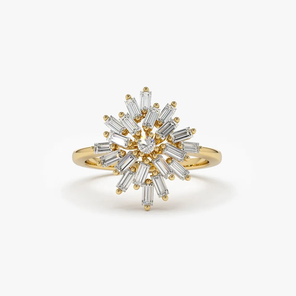 14K Gold 0.58 CTW Baguette and Round Diamond Ballerina Cluster Ring