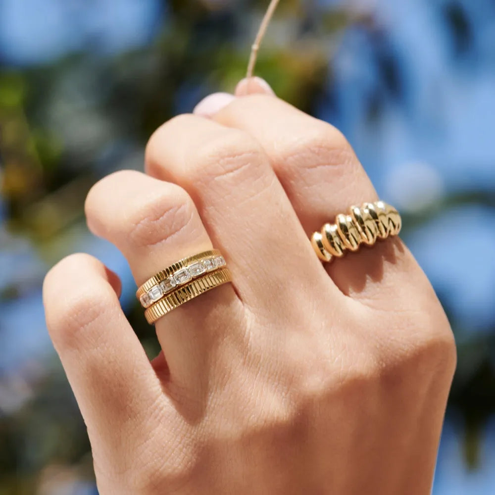14K Solid Gold 3mm Ribbed Minimalist Wedding Band Ring