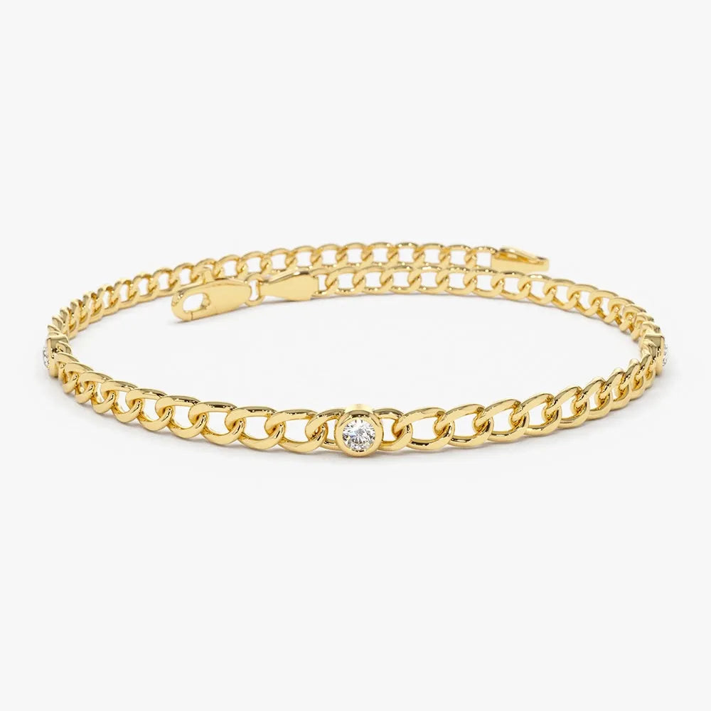 14K Solid Gold Lab Grown Diamond Round Bezel Cuban Link Chain Bracelet 0.6 Carat