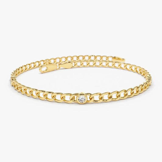 14K Solid Gold Lab Grown Diamond Round Bezel Cuban Link Chain Bracelet 0.6 Carat