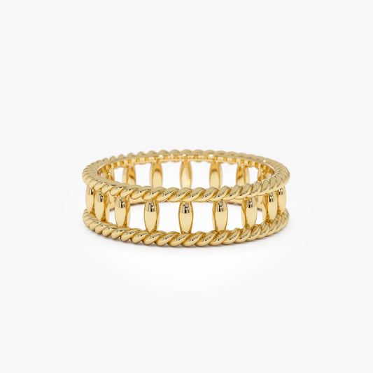 14k Gold Double Rope Link Ring 5.3mm Wide Statement Band