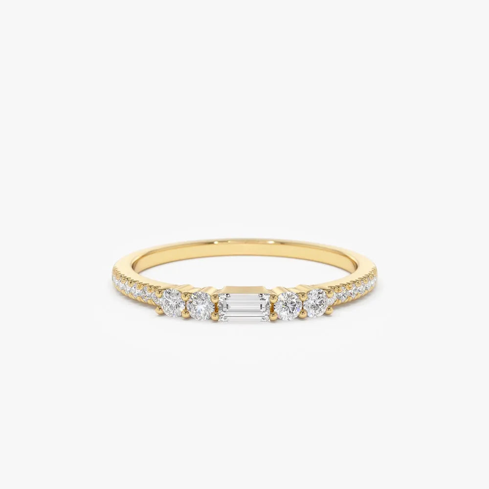 14K Gold Baguette and Round Diamond Stackable Ring 0.19 ctw