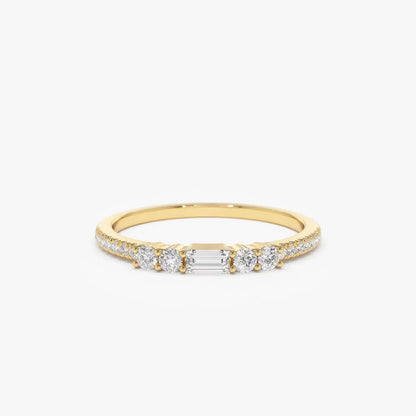 14K Gold Baguette and Round Diamond Stackable Ring 0.19 ctw