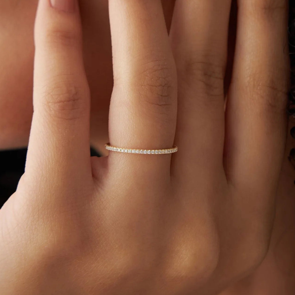 14K Gold Round Diamond 1mm Ultra Thin Micro Pave Eternity Wedding Band Stackable