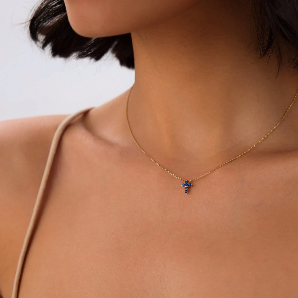 14k Solid Gold Round Sapphire Tiny Cross Pendant Necklace 0.20 Carat Prong Setting
