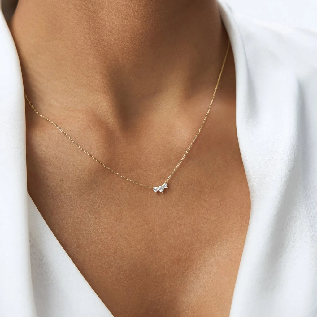 14K Solid Gold Round Diamond Trio Past Present Future Necklace Prong Setting 0.26ctw