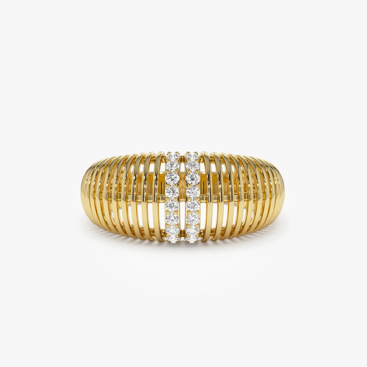 14k Solid Gold Round Diamond 0.18 Carat Ribbed Dome Statement Ring