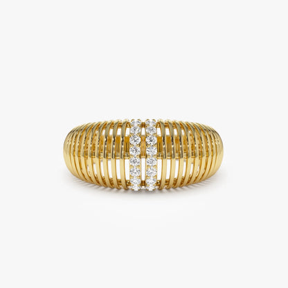 14k Solid Gold Round Diamond 0.18 Carat Ribbed Dome Statement Ring