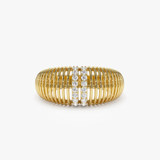 14k Solid Gold Round Diamond 0.18 Carat Ribbed Dome Statement Ring
