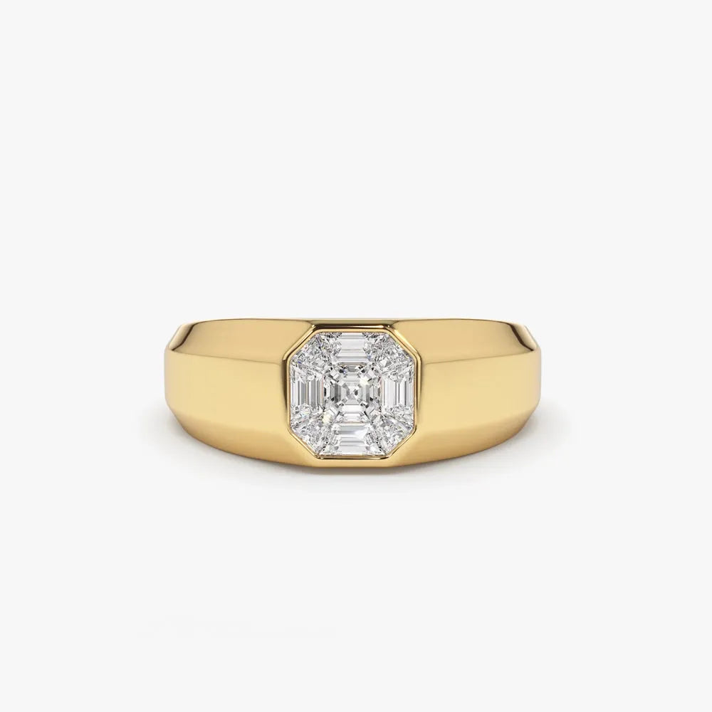 14k Solid Gold 0.40 Carat Diamond Asscher Cut Illusion Mosaic Solitaire Pinky Ring Invisible Bezel Setting