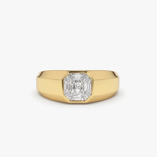 14k Solid Gold 0.40 Carat Diamond Asscher Cut Illusion Mosaic Solitaire Pinky Ring Invisible Bezel Setting