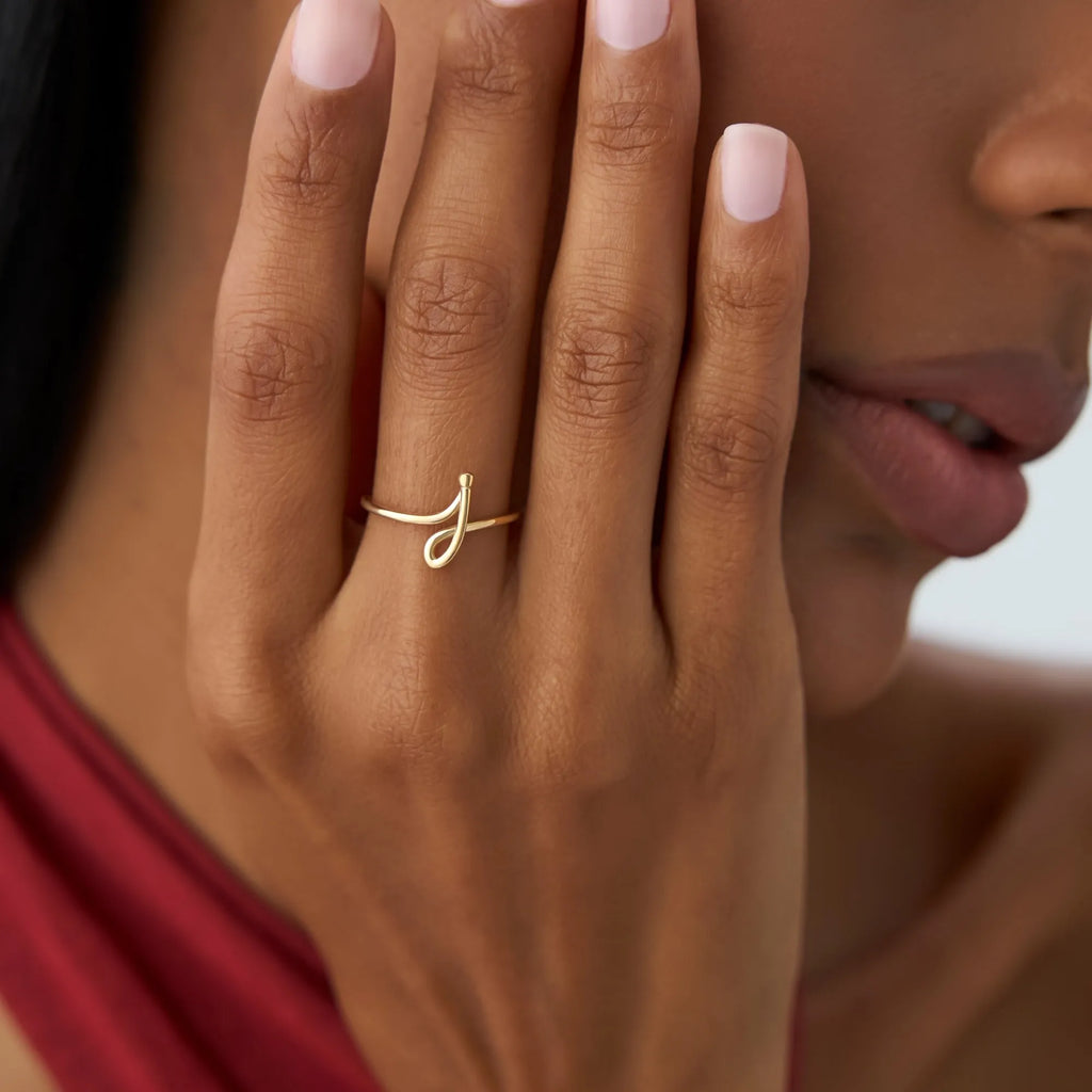 14K Solid Gold Minimalist Wire Letter Ring Personalized Initial Custom Jewelry