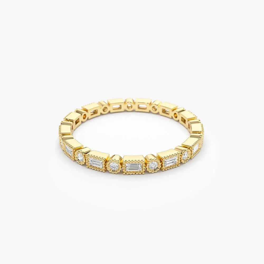14K Gold 0.50 Carat Baguette and Round Diamond Milgrain Bezel Full Eternity Ring