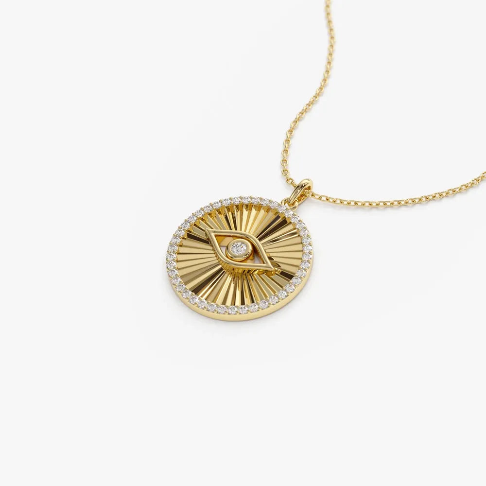 14K Solid Gold Round Diamond Evil Eye Medallion Disc Necklace 0.29ctw