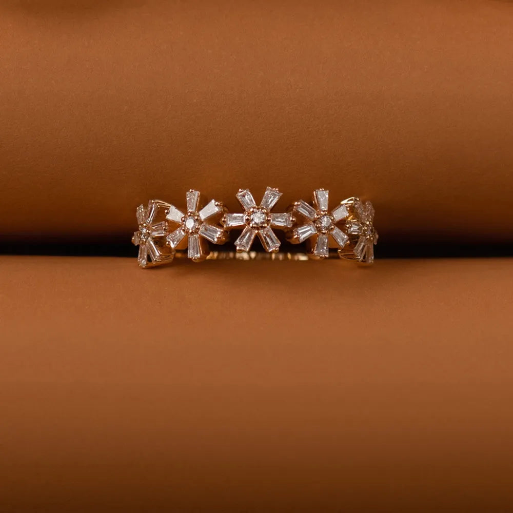 14K Gold 0.49 Carat Round and Baguette Diamond Multi Flower Design Ring