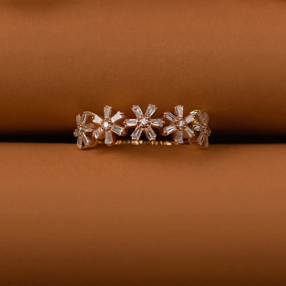 14K Gold 0.49 Carat Round and Baguette Diamond Multi Flower Design Ring