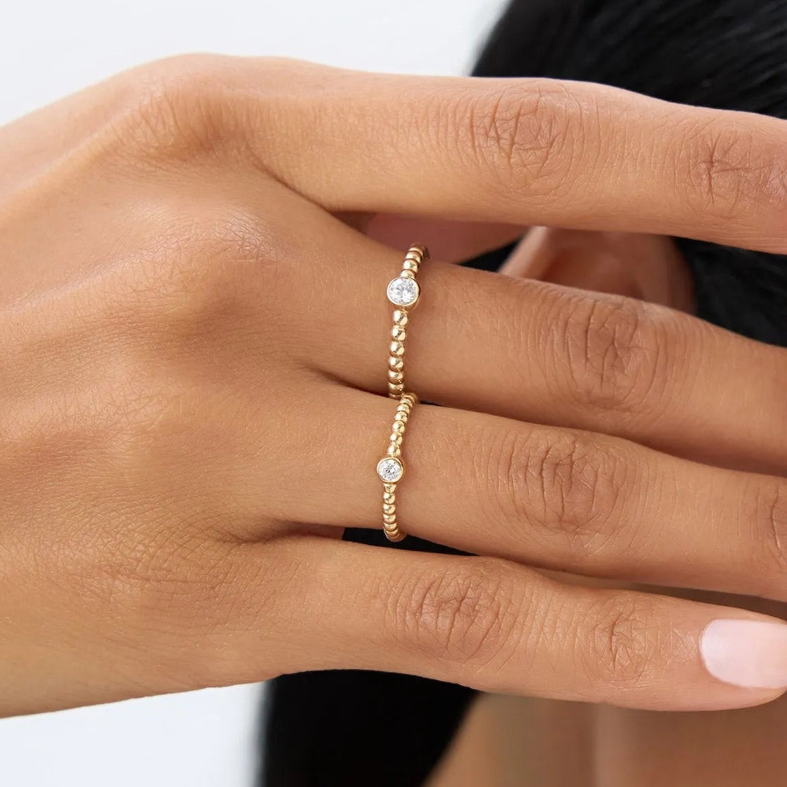 14K Gold Round Diamond 0.05 ctw Beaded Bezel Solitaire Ring